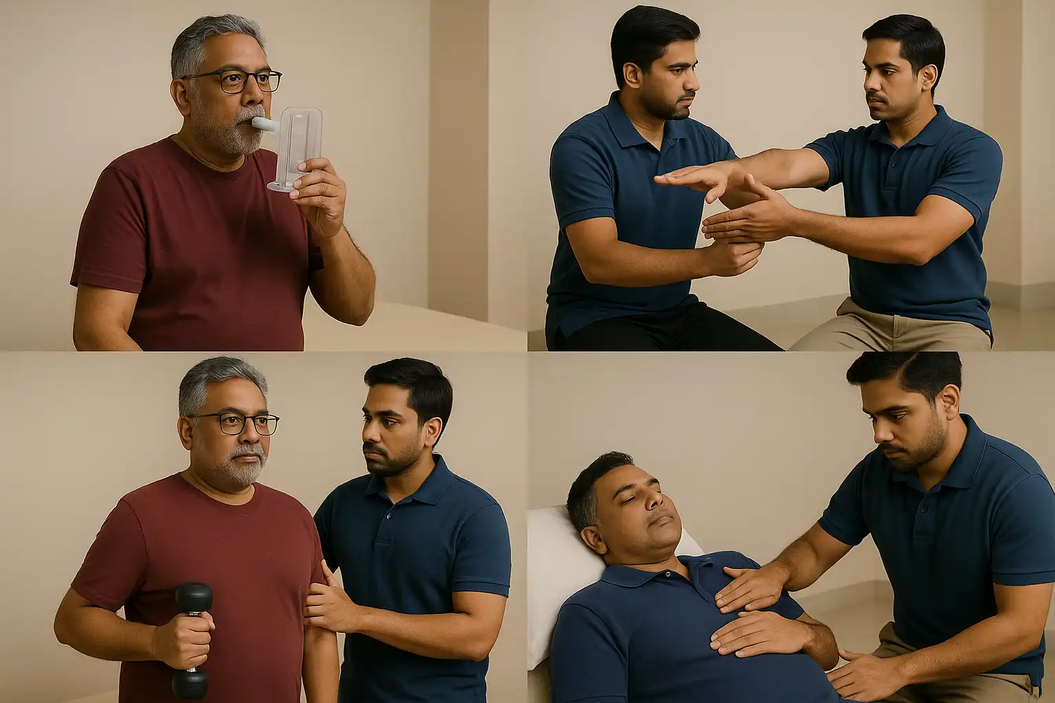 Collage showing post-cardiac rehabilitation physiotherapy activities: an older man using an incentive spirometer for breathing exercises, therapist guiding arm mobility and strength assessment, patient performing light dumbbell exercises with supervision, and a therapist conducting chest physiotherapy on a reclining patient.