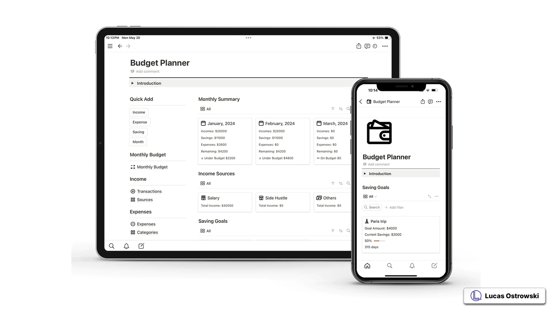 Budget Planner Notion template shown on iPad and iPhone displays, featuring monthly summary dashboard, income sources tracking, and saving goals interface. Clean monochromatic design demonstrates cross-device functionality for personal finance management