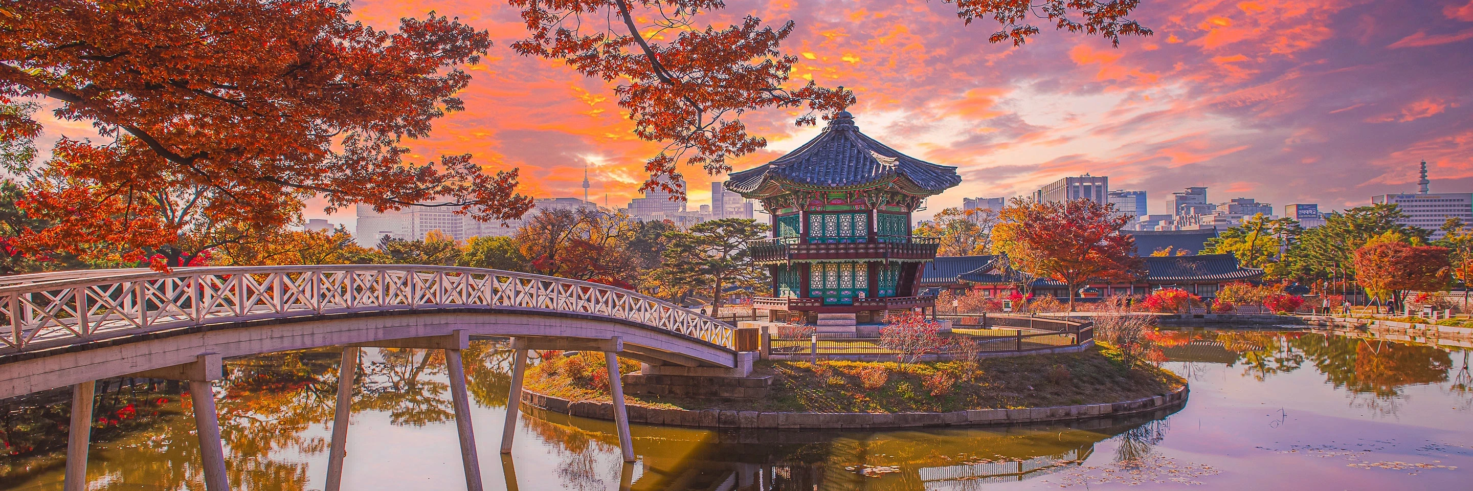 Autumn bridge in palace garden