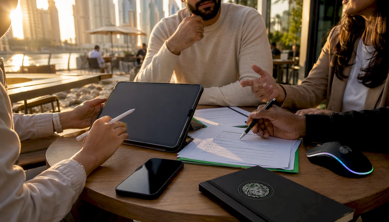 Hands interacting with AI data devices in Dubai