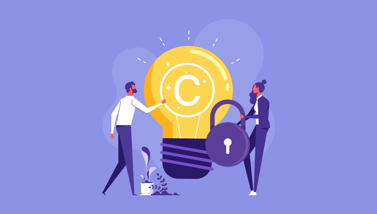 Illustration of two professionals securing a glowing light bulb with a copyright symbol.