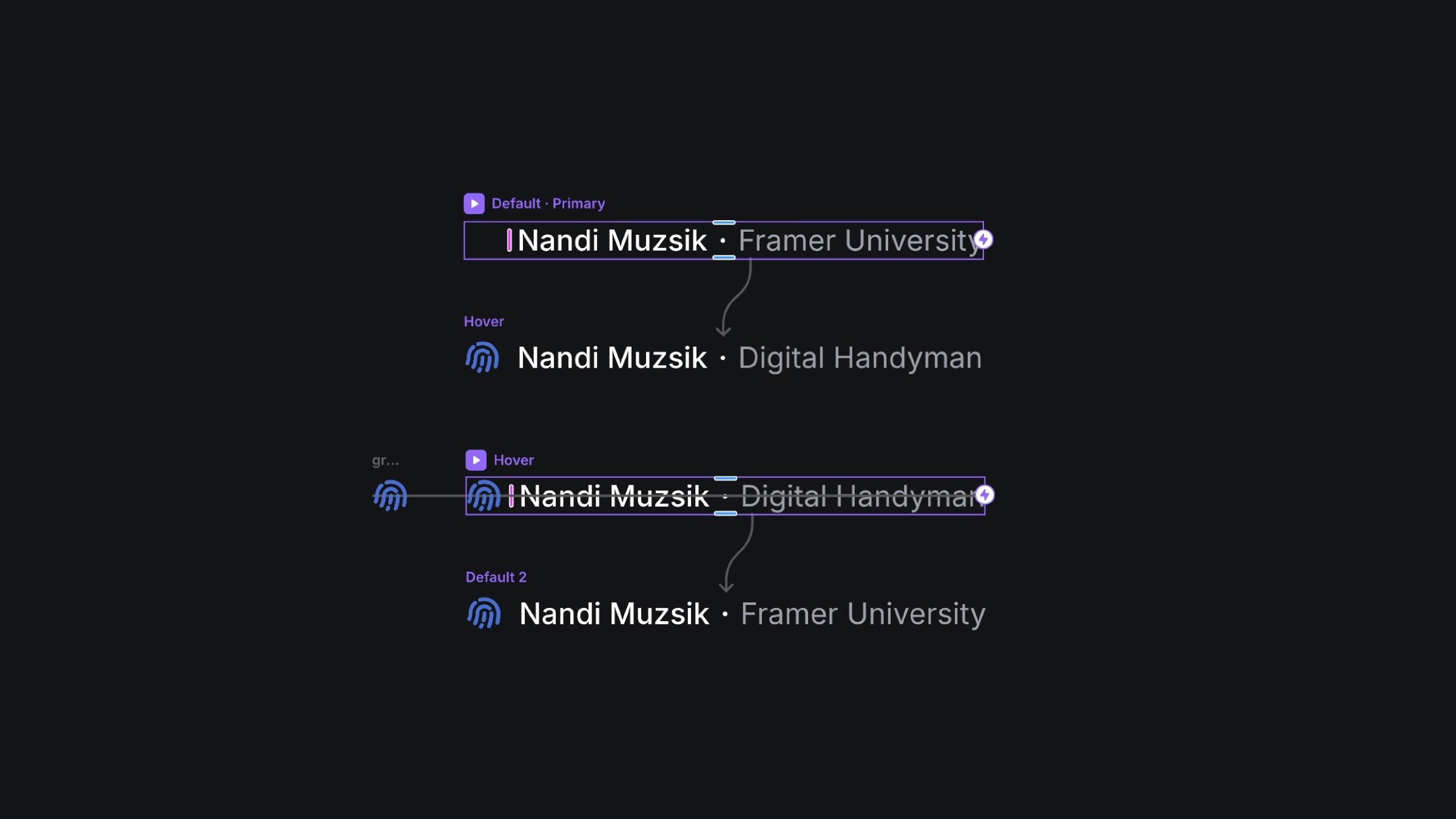 Hover states for Nandi Muzsik's profile switching between Framer University and Digital Handyman