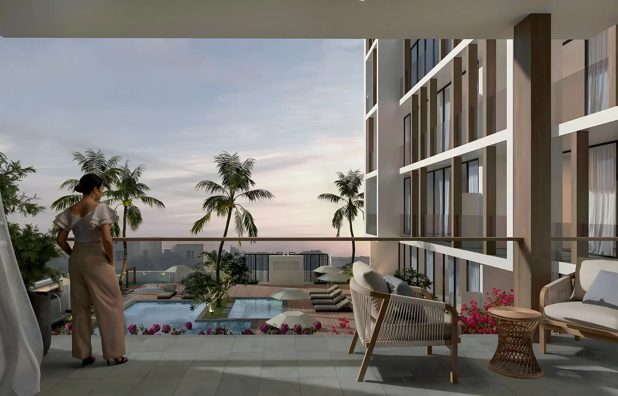 A modern balcony in the Norah residence featuring a panoramic view of the city skyline through large windows.