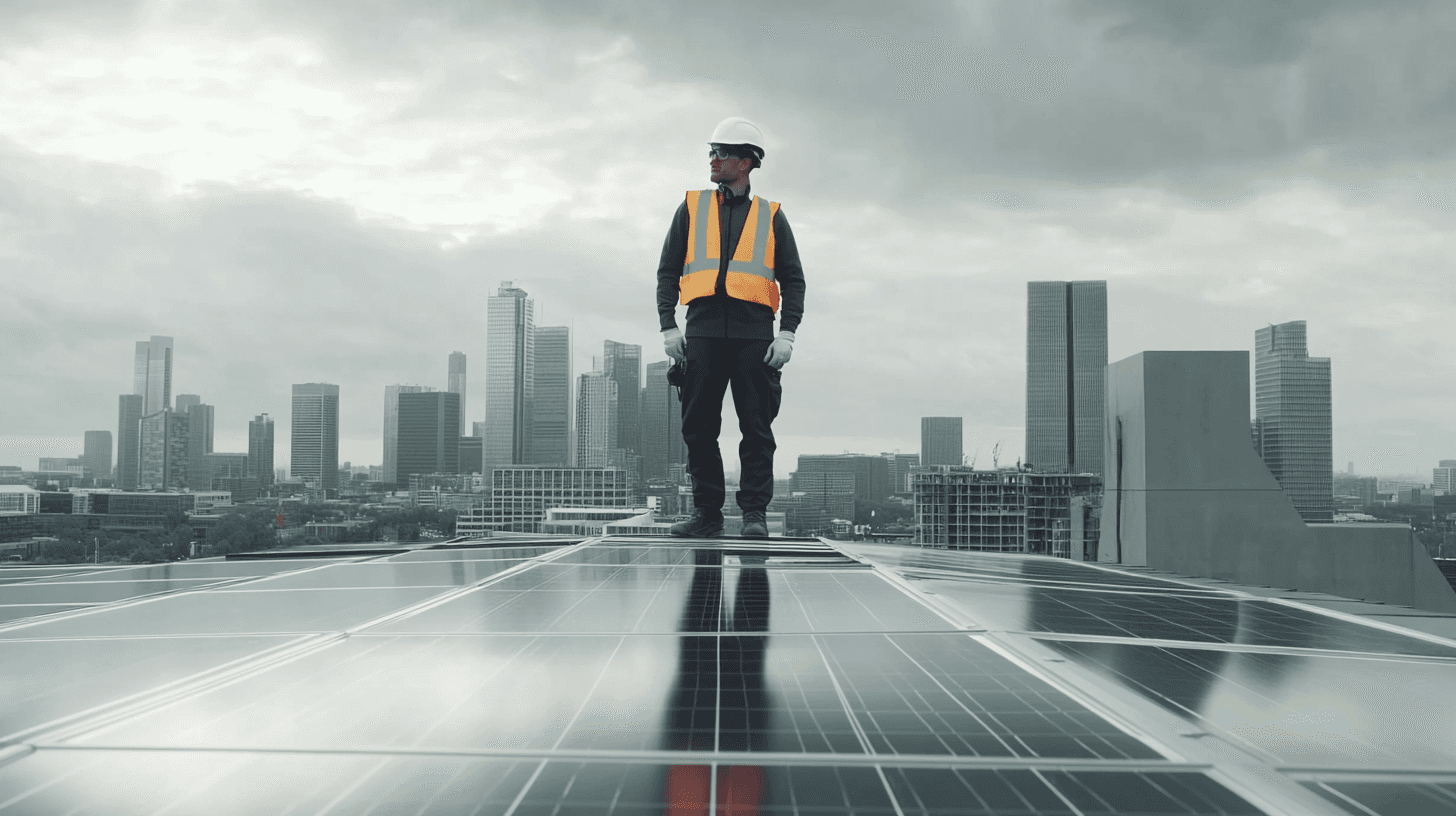 solar energy projects featuring a construction worker on a rooftop with a city skyline,