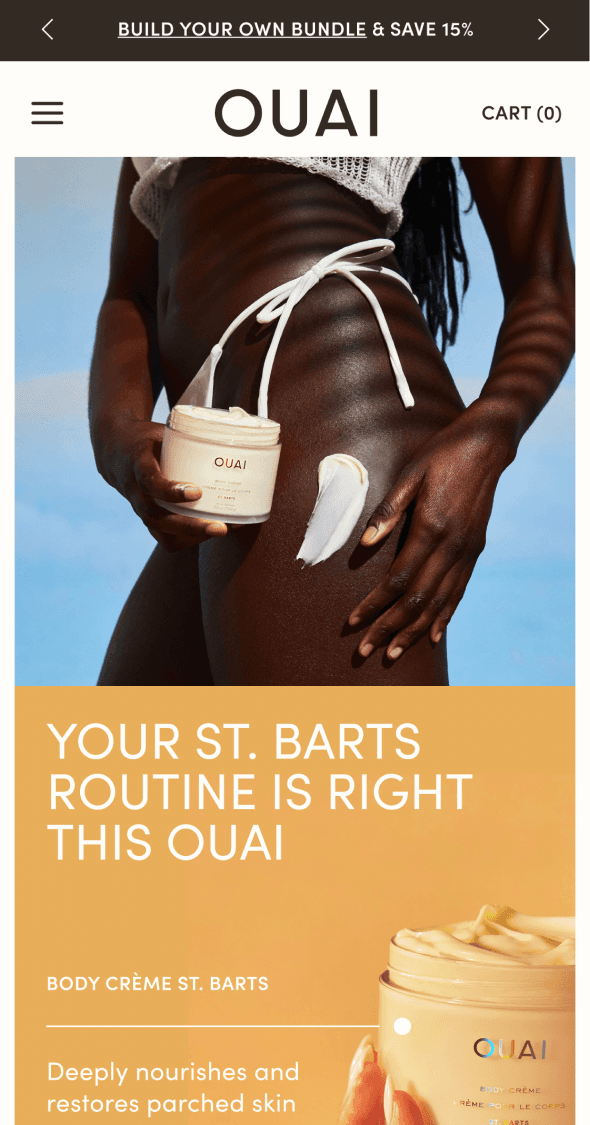 OUAI mobile campaign banner highlighting St. Barts haircare collection