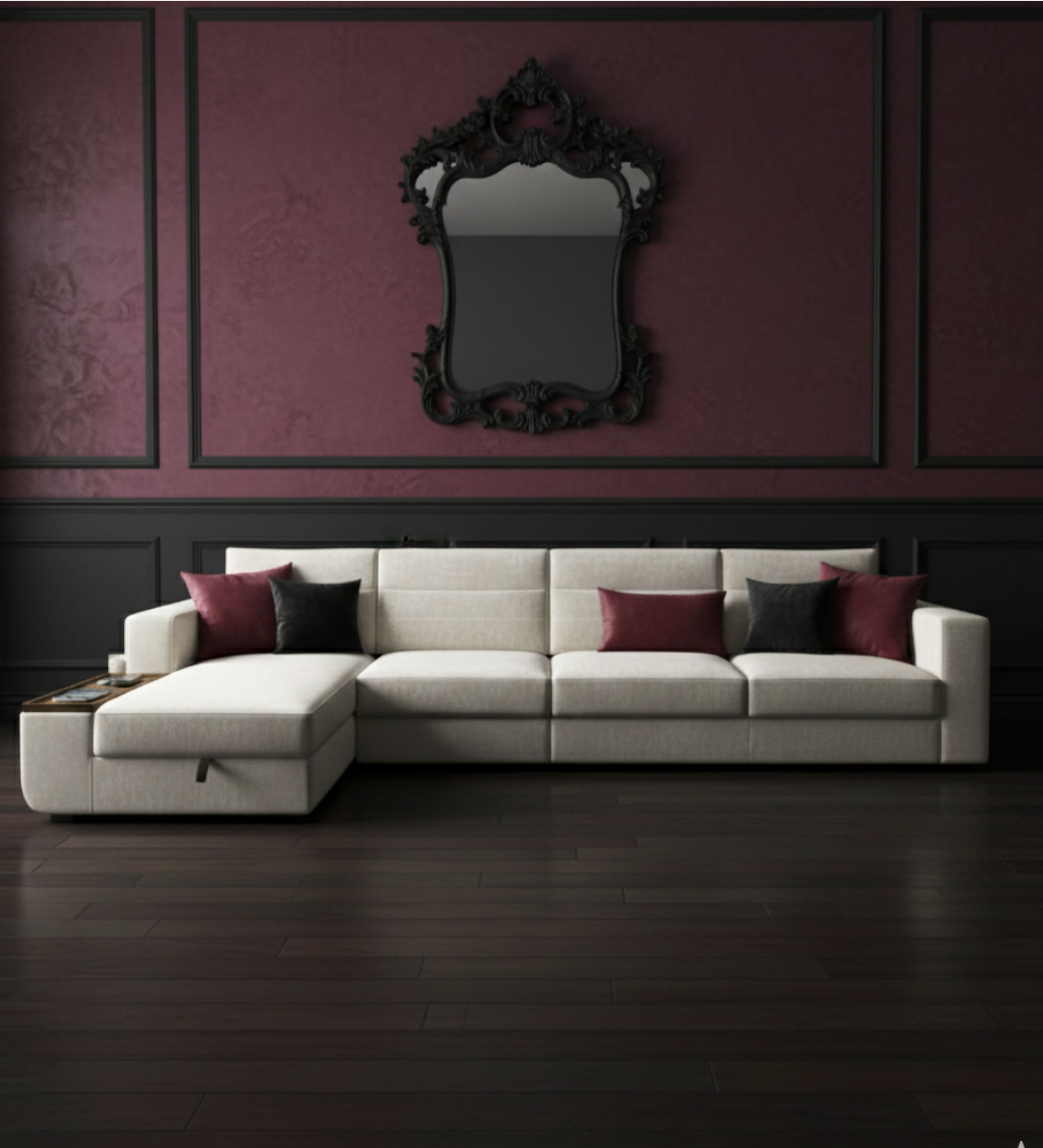 Neutral upholstered sofa with classic proportions and bold accent cushions