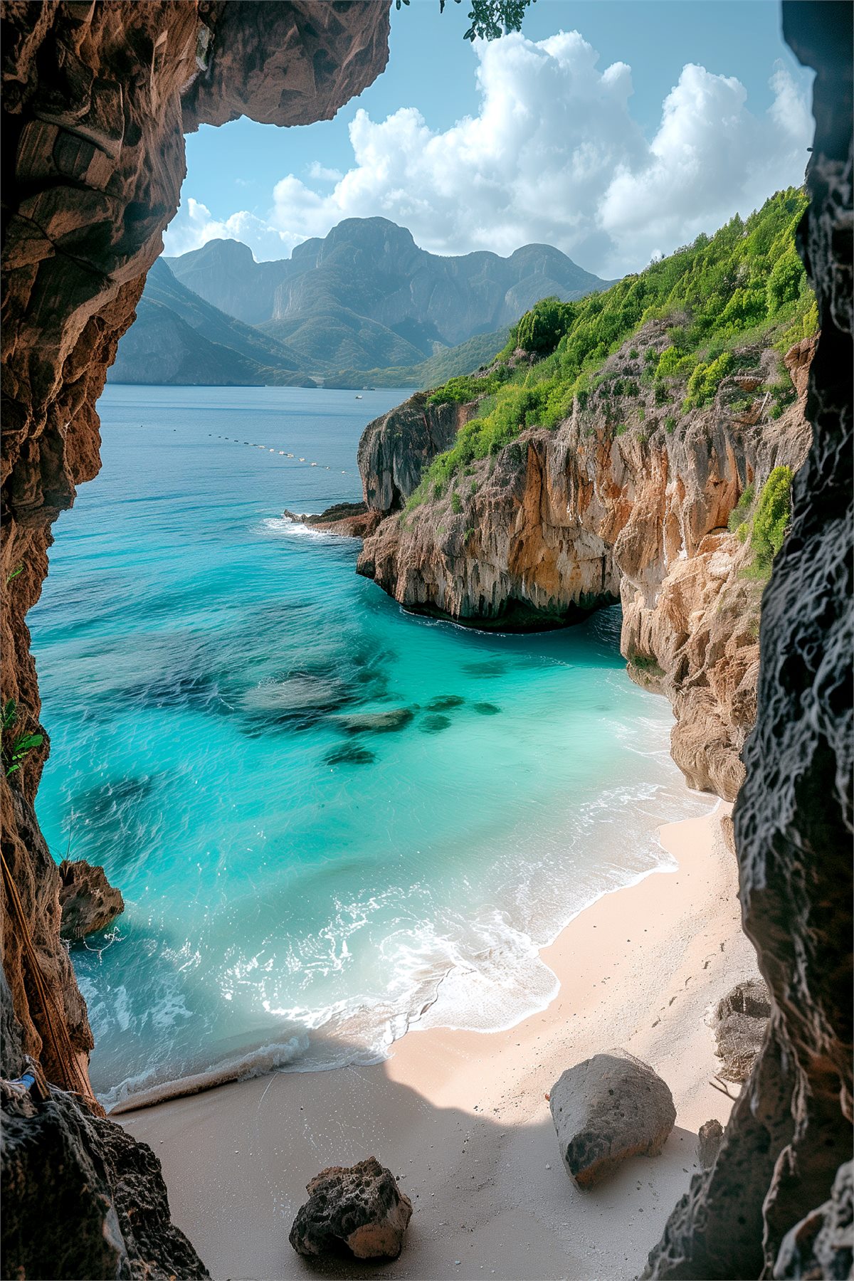 A sandy cove framed by the mouth of a sea cave
