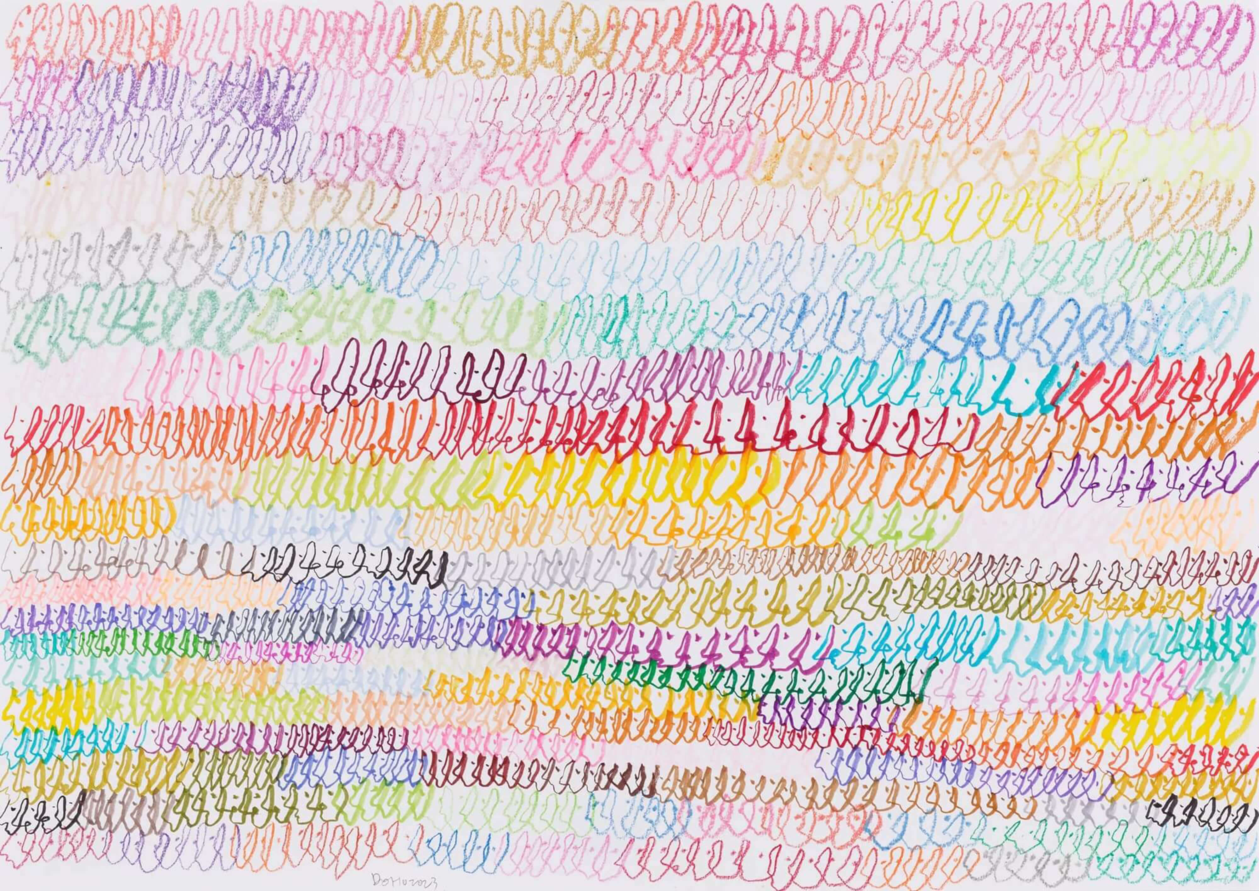 Abstract artwork filled with rows of colorful, looping handwritten marks across the surface.