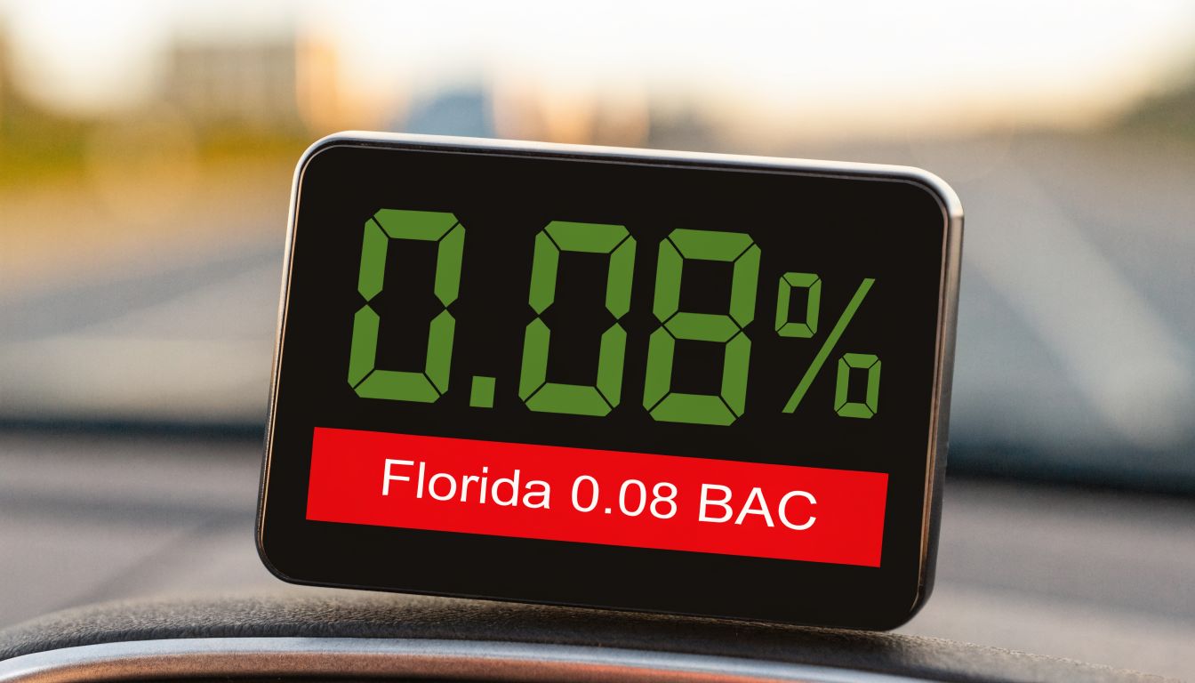A digital screen displaying 0.08% with a red banner mentioning Florida 0.08 BAC limit.