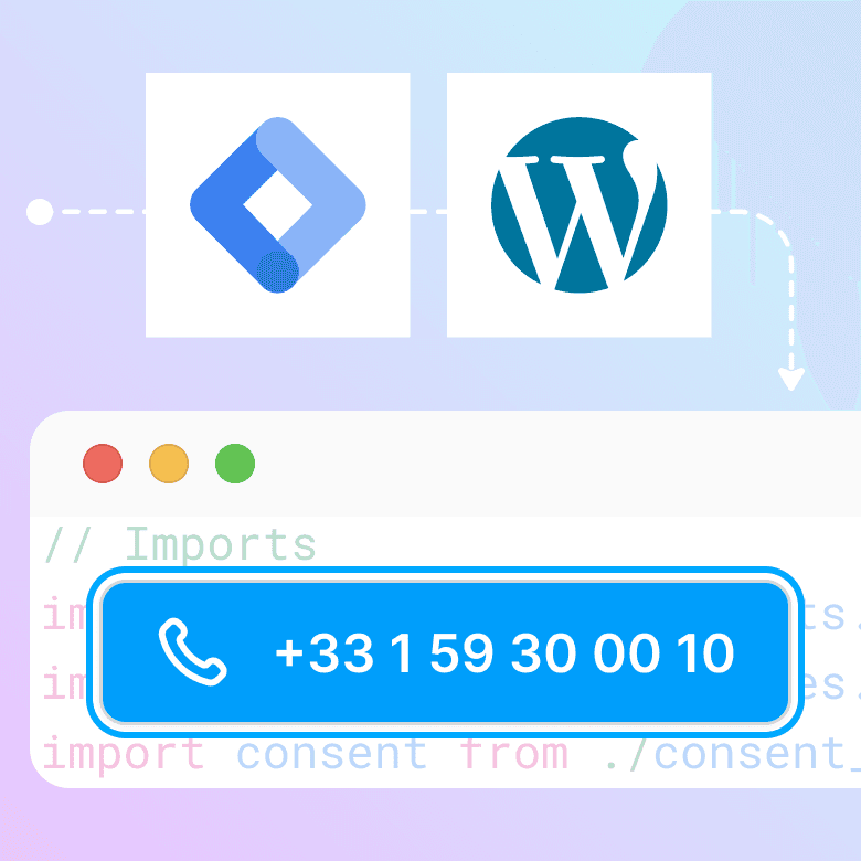 Illustration de l'installation du module de call-tracking Magnétis via Google Tag Manager (GTM) ou WordPress avec une ligne de code.