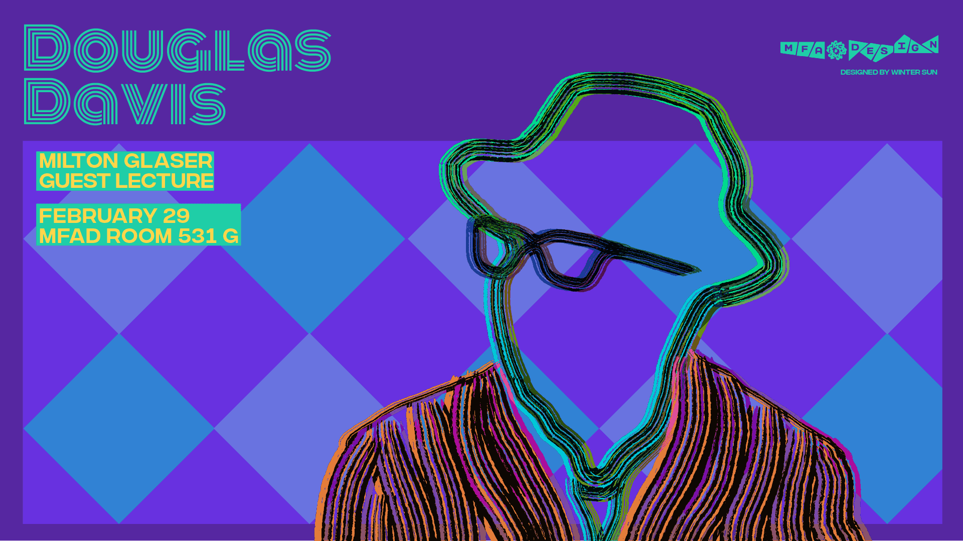 colorful poster announcing a guest lecture of Douglas Davis