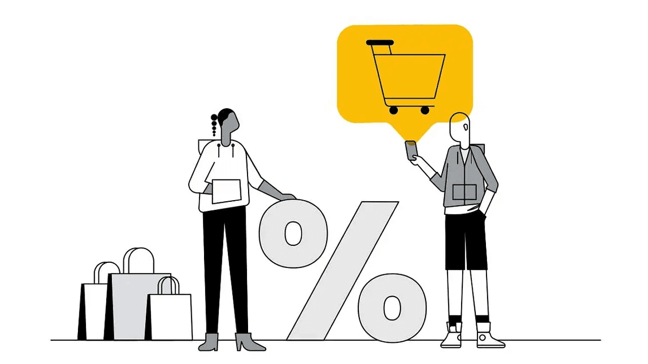 Illustration sur le lancement anticipé des campagnes Black Friday : deux personnages avec sacs de shopping et symbole de pourcentage, mettant l'accent sur l'optimisation du trafic et des conversions.