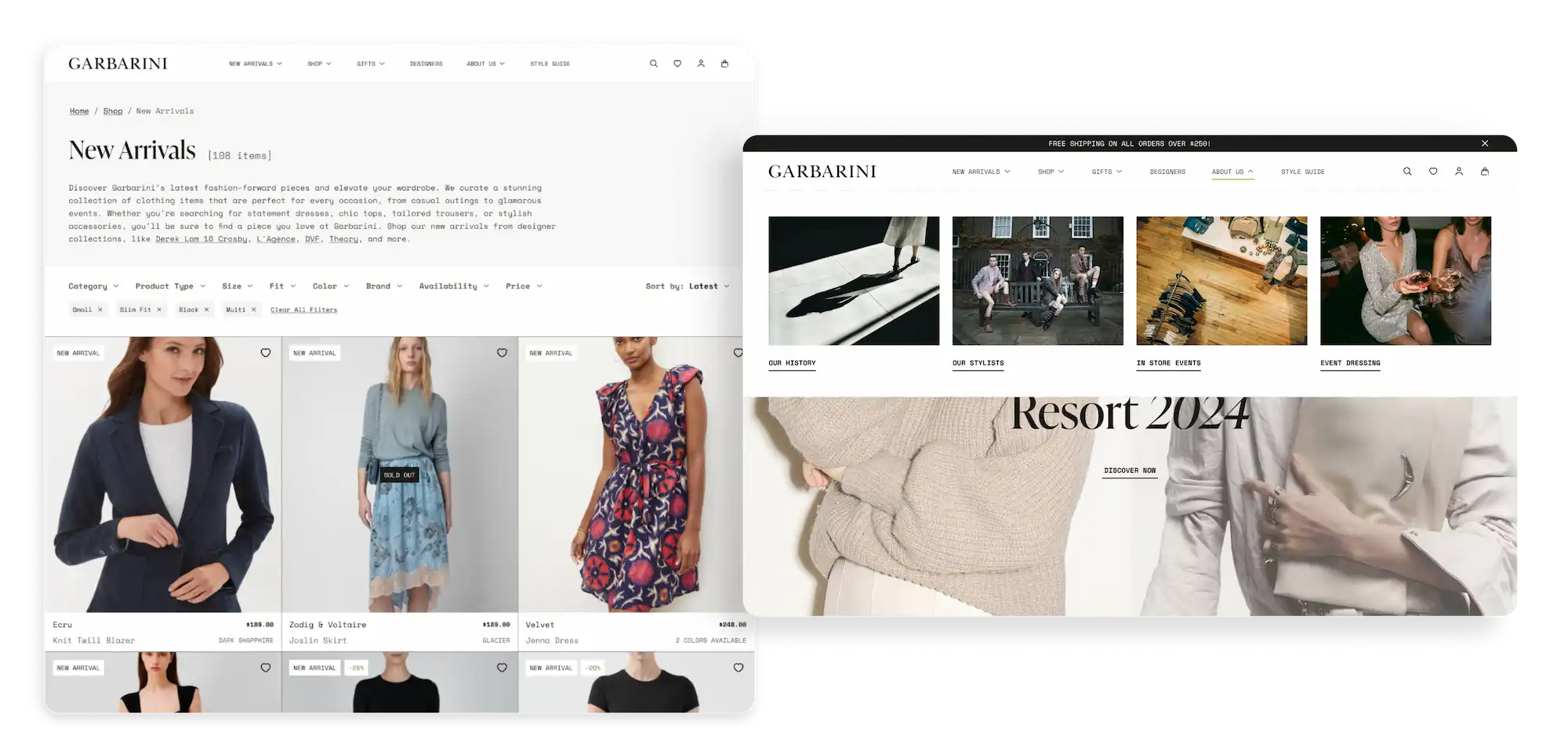 Garbarini website pages: New arrivals and homepage with drop down menu active.