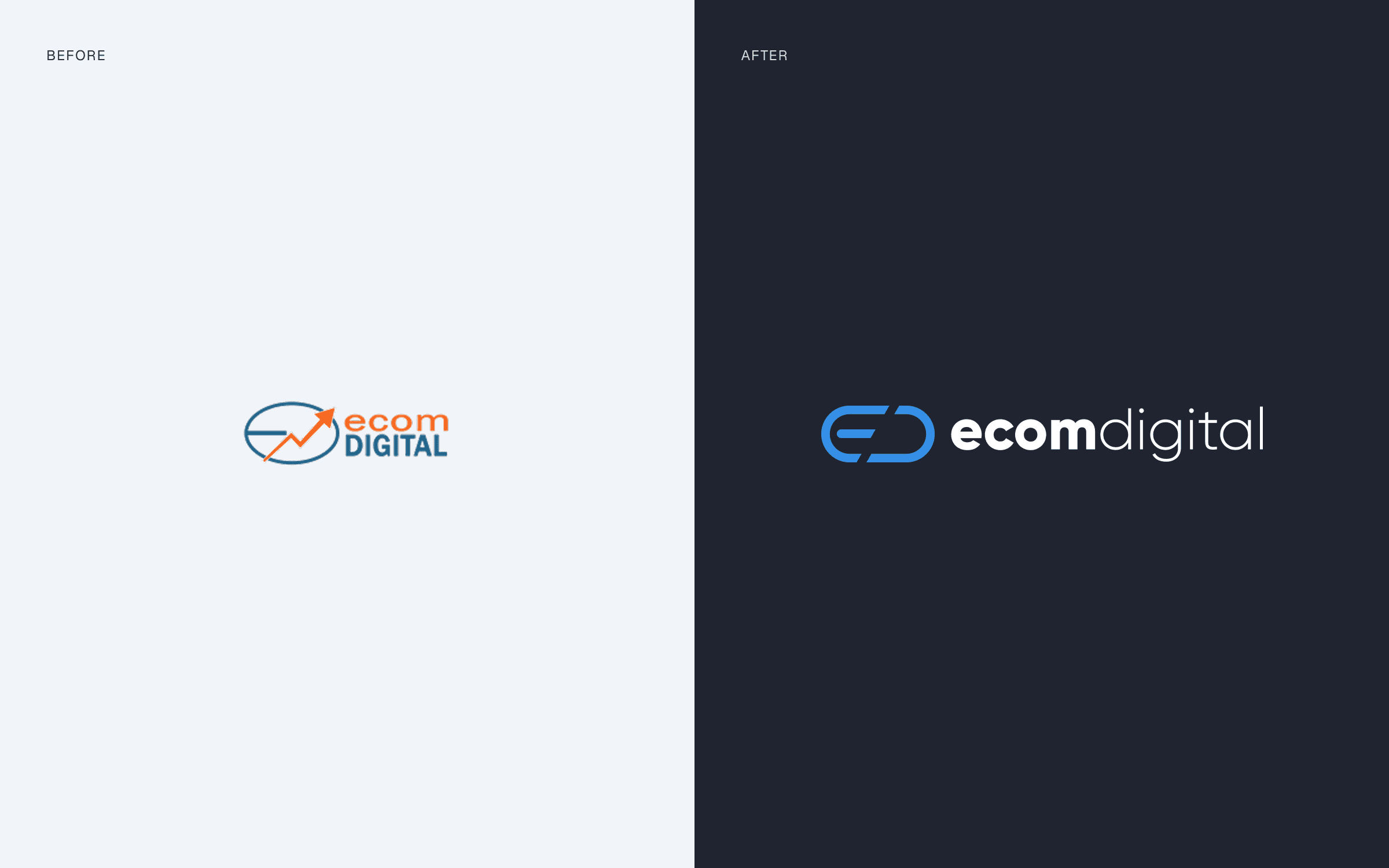 Before and after comparison of Ecom Digital’s old and new logo designs.