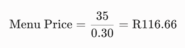 Example menu costing calculation: R35 ingredient cost divided by 30 percent equals R116.67