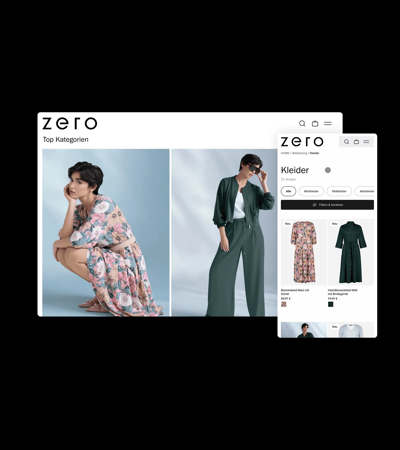 Collage von Screenaufnahmen des zero Onlineshops.