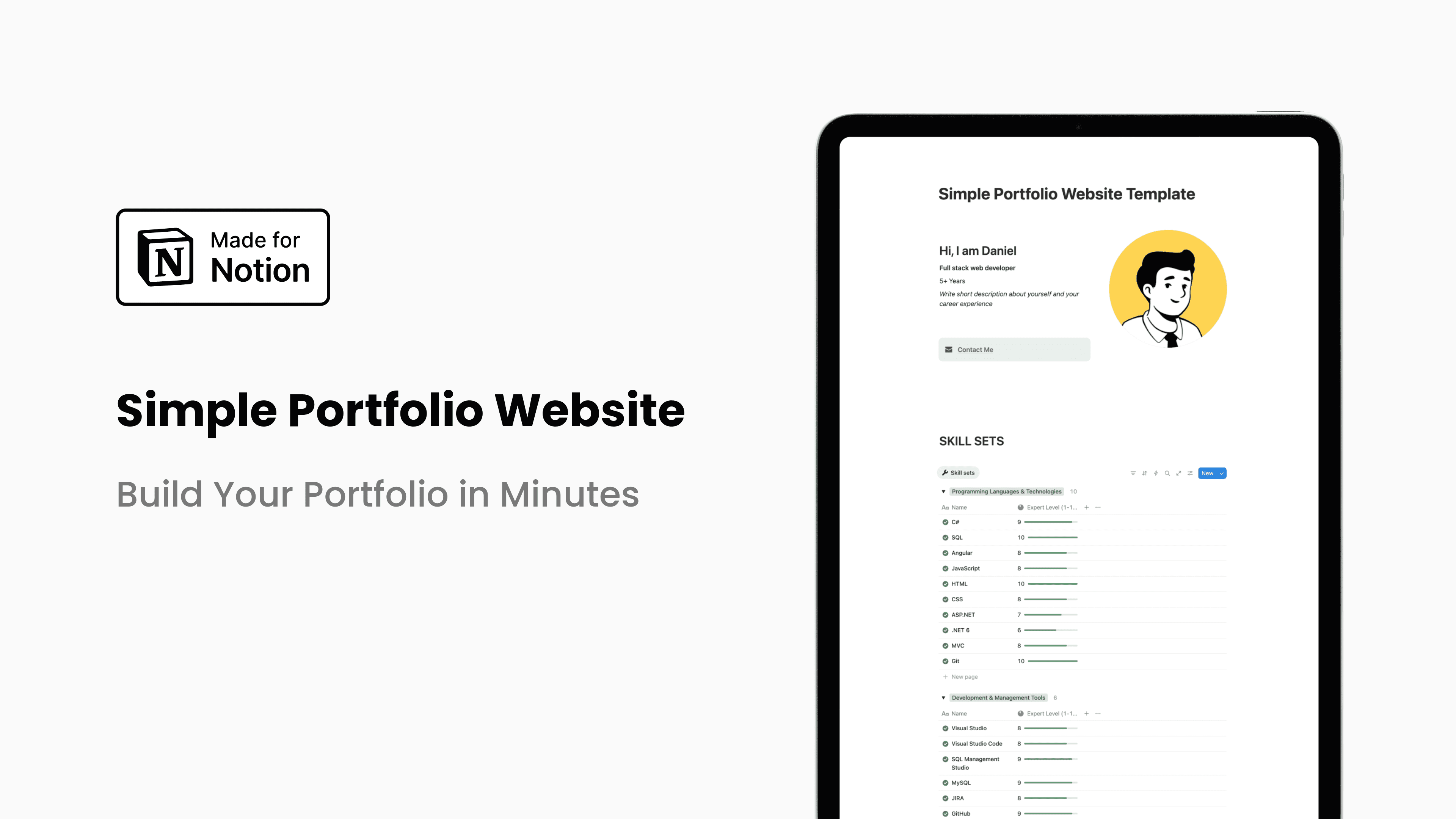 Notion portfolio website template with a clean layout for showcasing projects, skills, and experience