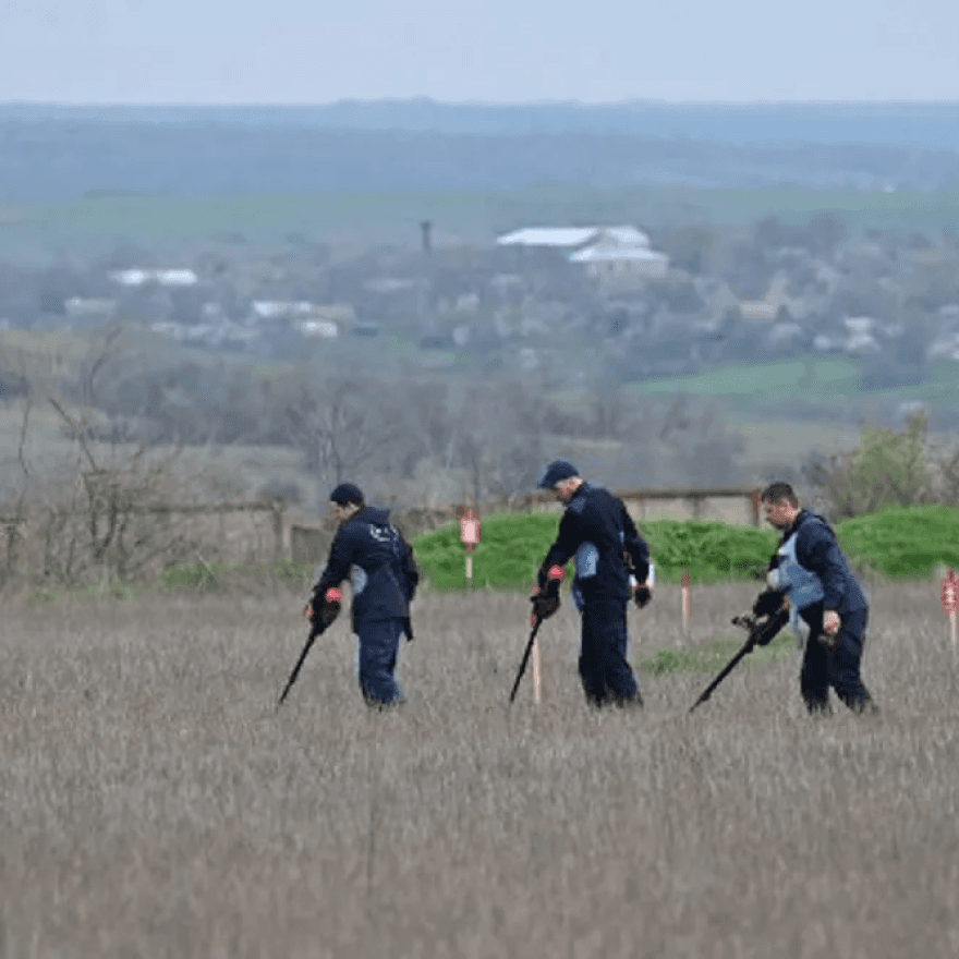 Three men walk in a field, looking for mines.