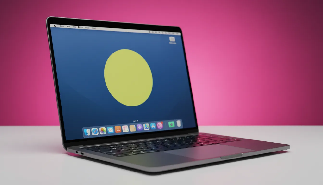 DSLR photograph of a modern dark grey MacBook Pro on a clean white desk, viewed from a three-quarters angle. The scene is illuminated by soft studio lighting, with a vibrant pink and magenta gradient creating a glowing background. The laptop screen displays a macOS interface with a bold, minimalist wallpaper featuring a large chartreuse yellow circle on a cobalt blue background. A macOS-style dock with colorful application icons is visible at the bottom. Sharp focus on the laptop's matte metallic texture, shallow depth of field.
