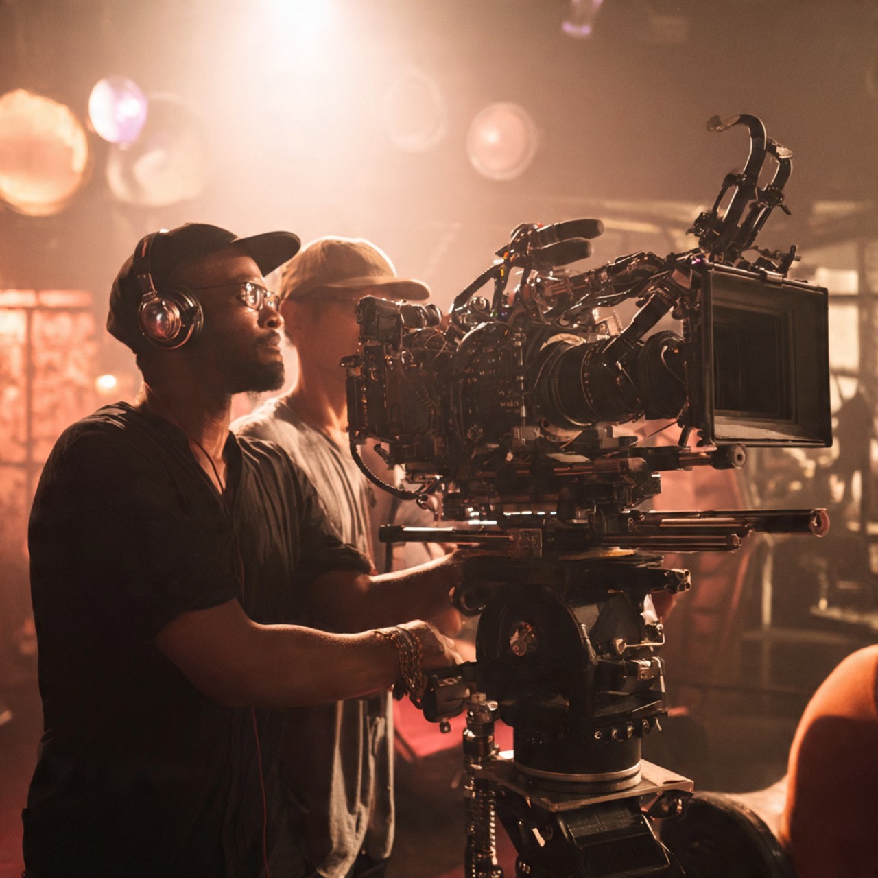 Two filmmakers operate a large camera on a dimly lit set. One wears headphones, both focused, suggesting a serious, creative atmosphere.