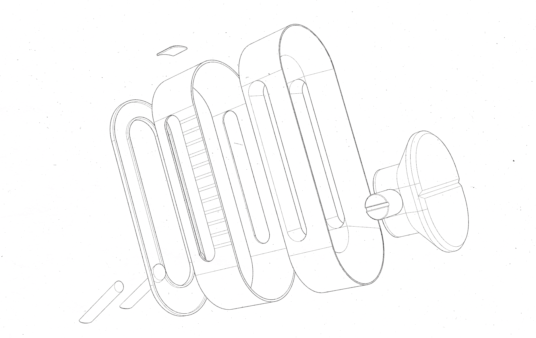 Exploded view of the small components of the Lift alarm clock in black ink on a white background.