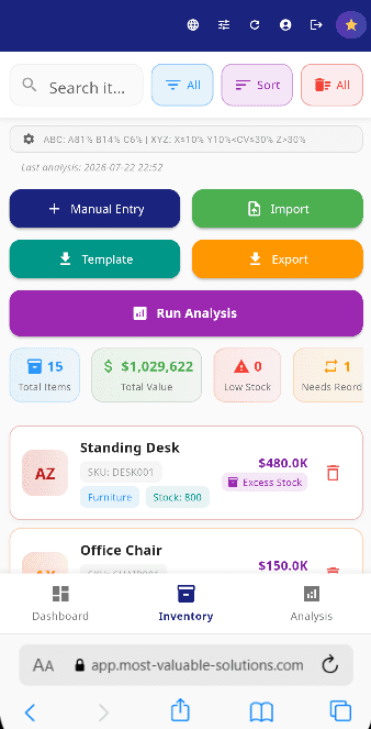 ABC-XYZ Inventory mobile application screen