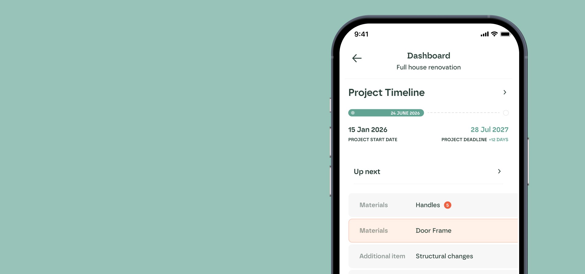 picture of the phone with the rafter app interface on it, showing the timeline of the project and the dashboard of the project. Phone is on the light green background