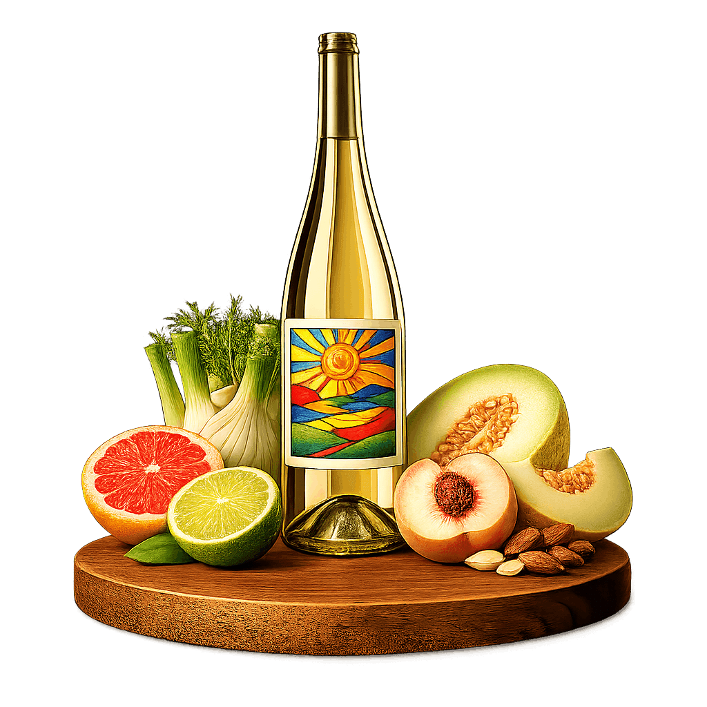 Artistic label and flavor profile for Spanish Verdejo on a rustic wooden table.