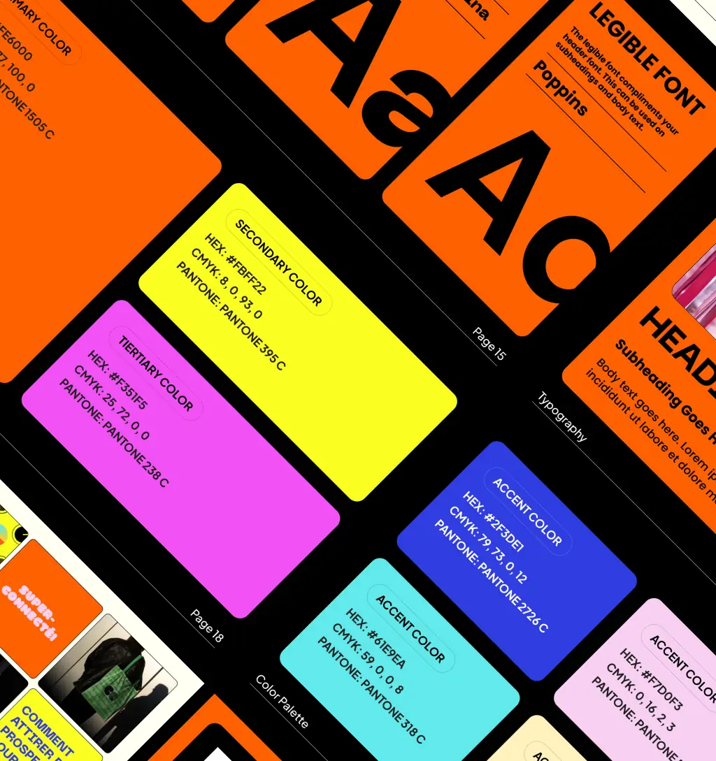 Display of pages of the COLORS brand book, showing typography & color palettes.