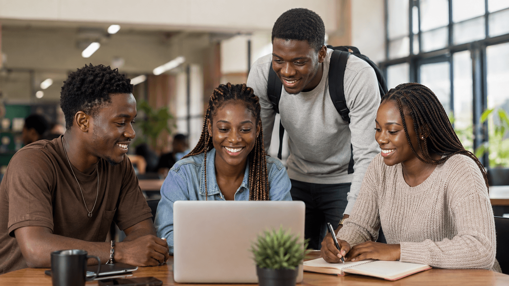 Nigerian university students collaborating on a venture idea around a laptop.