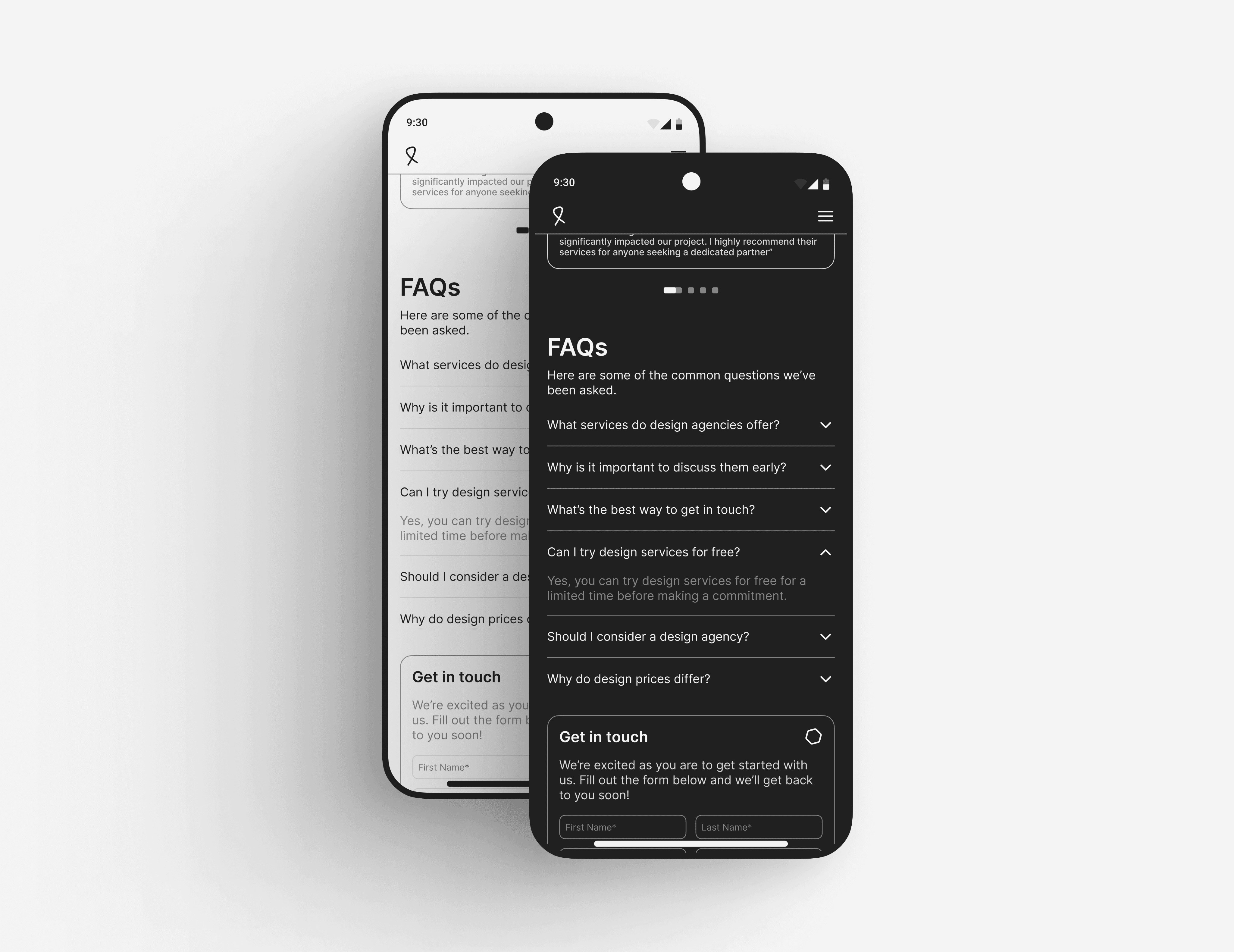 Two smartphones displaying a FAQ page, with one in light mode and the other in dark mode, showing a list of frequently asked questions and sections for getting in touch.
