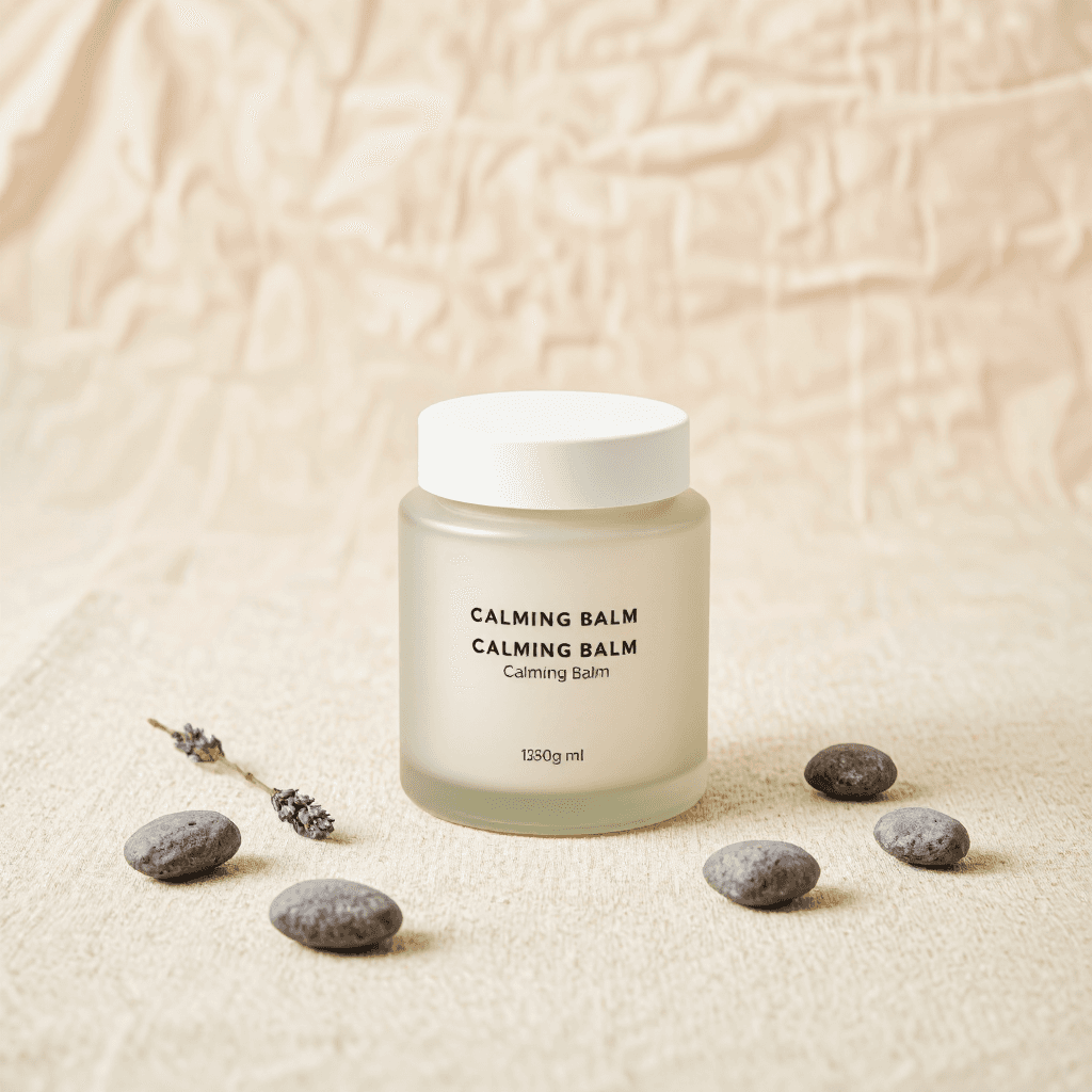 product photography of a jar of calming balm, used for soothing skin