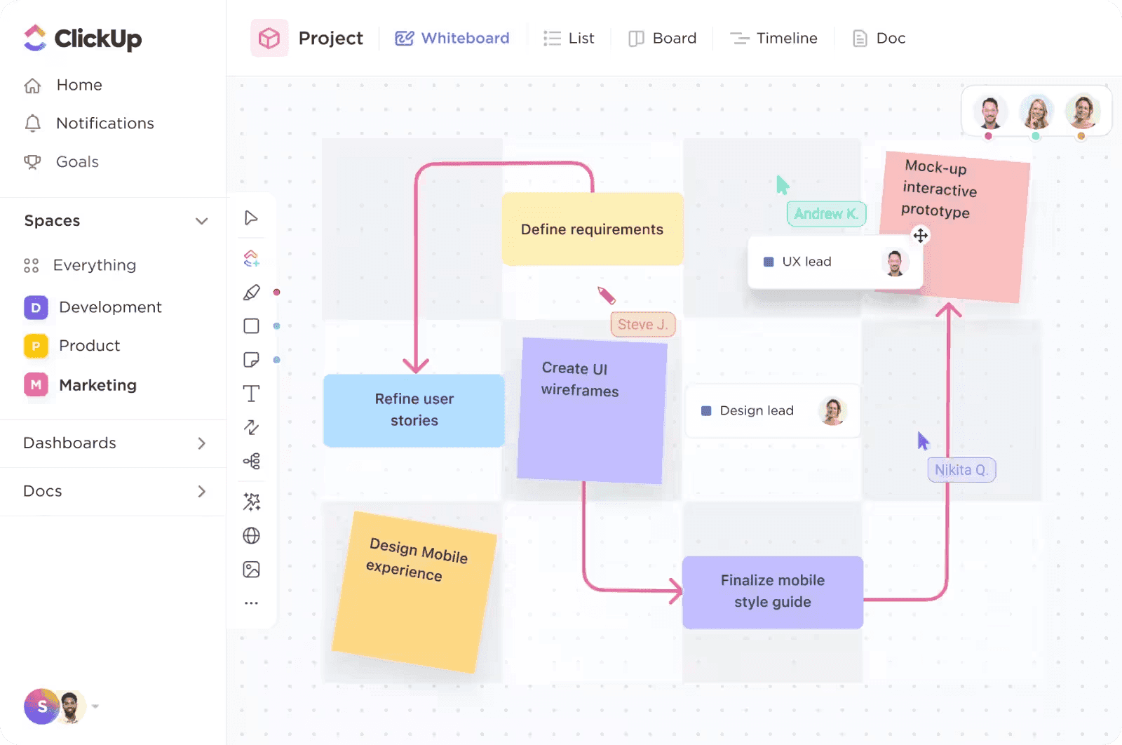 project whiteboard in Clickup