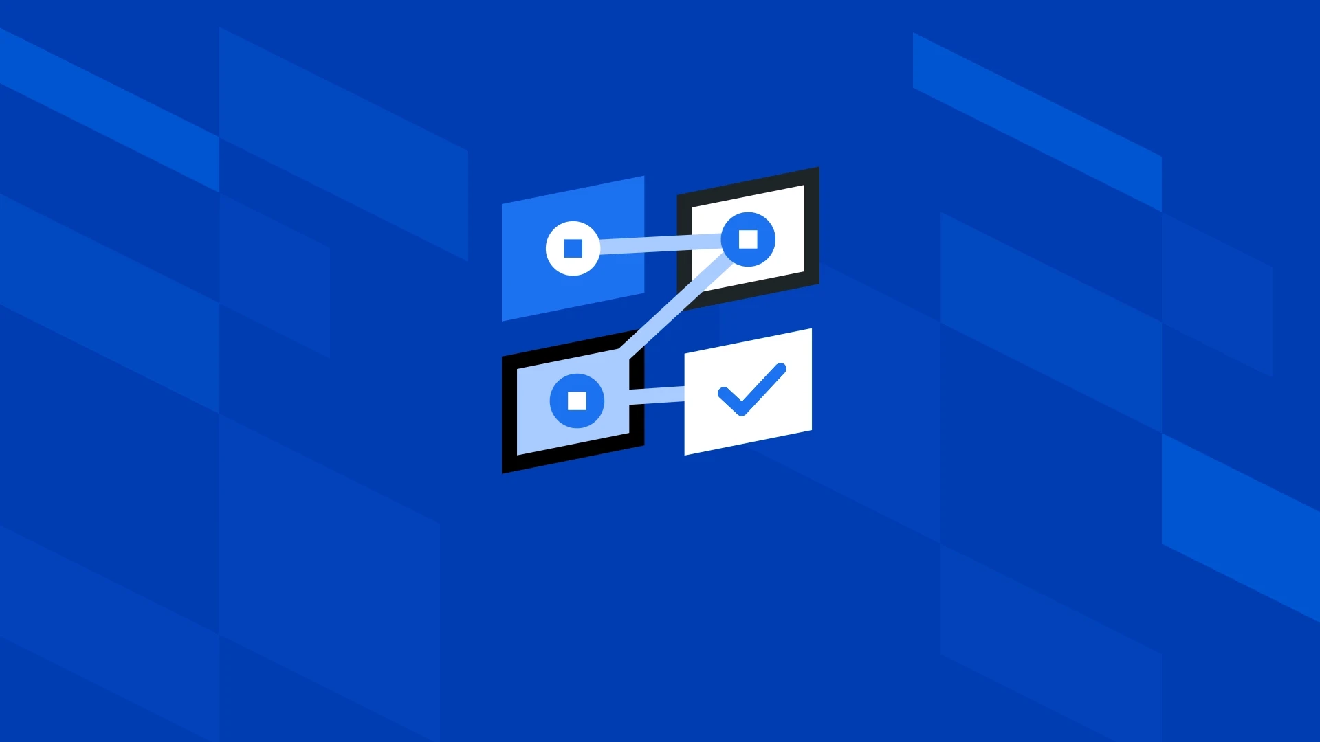 Graphic icon showing a four-step test workflow connected by lines on a geometric blue background