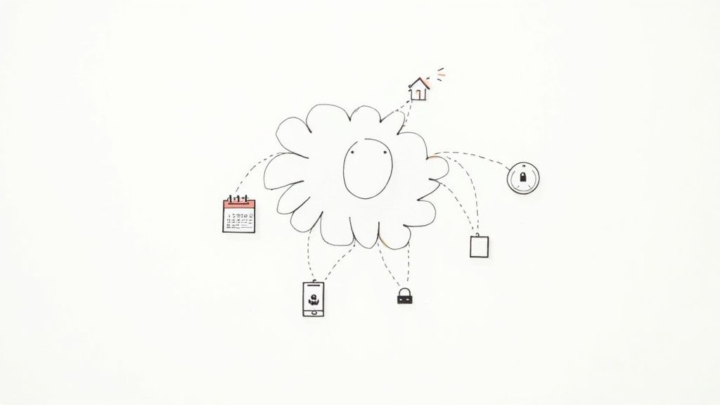 A hand-drawn cloud icon connects to various icons including a smart home, calendar, and security locks.