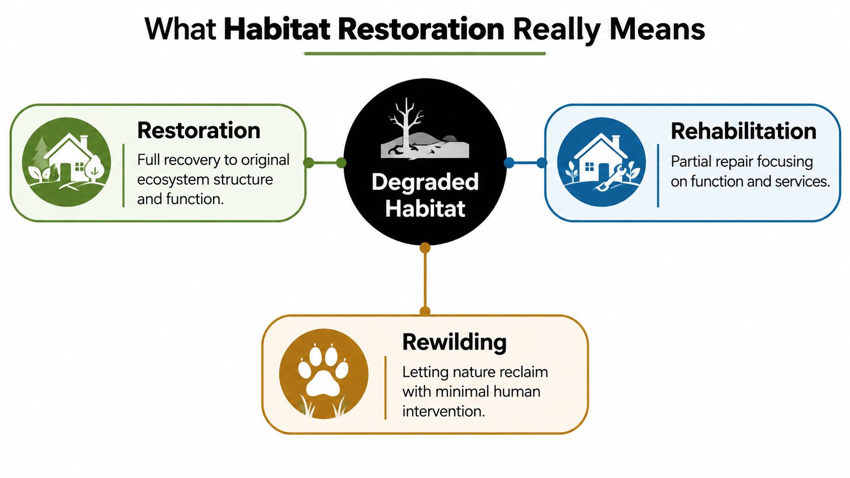 An infographic showing the differences between habitat restoration, rehabilitation, and rewilding from a degraded habitat.