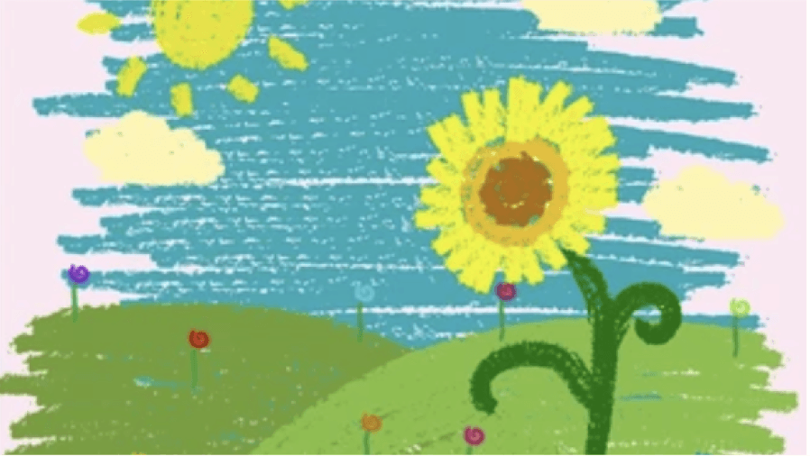 Crudely drawn landscape with sun and flower, as if drawn with chalk