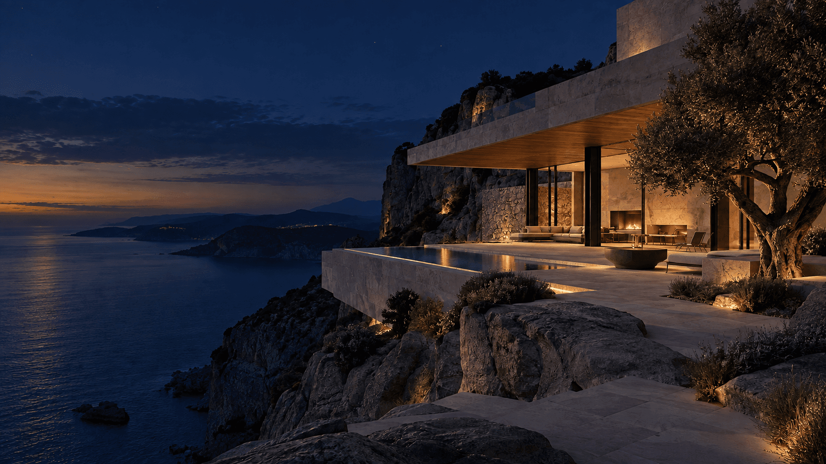 after dark stage of coastal villa construction