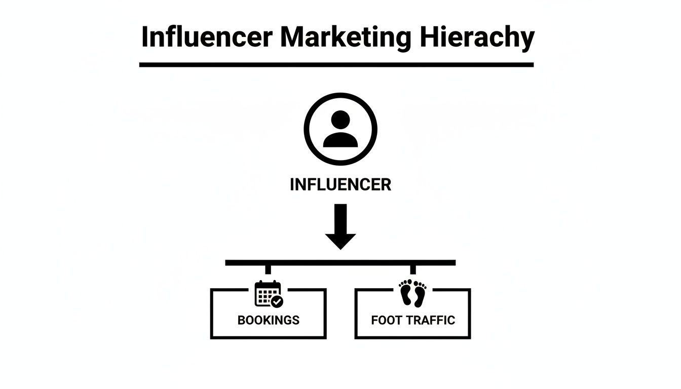 An influencer marketing hierarchy diagram showing influencers driving bookings and foot traffic.