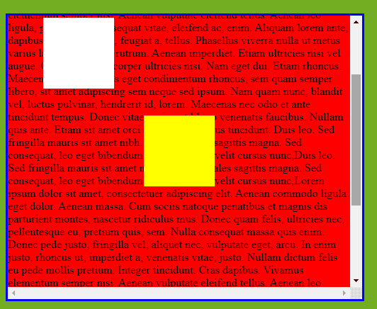 The result of some HTML that shows staggered white and yellow rectangles at the bottom right corner of a red rectangle with a royal blue stroke and black filler text inside, over top of a green background with a lighter blue stroke