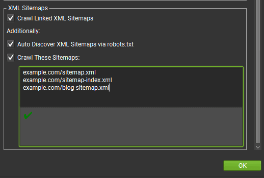 An image of the screaming frog crawler config for xml sitemaps