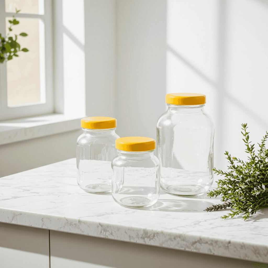 product photography of set of glass jars with yellow lids for storage