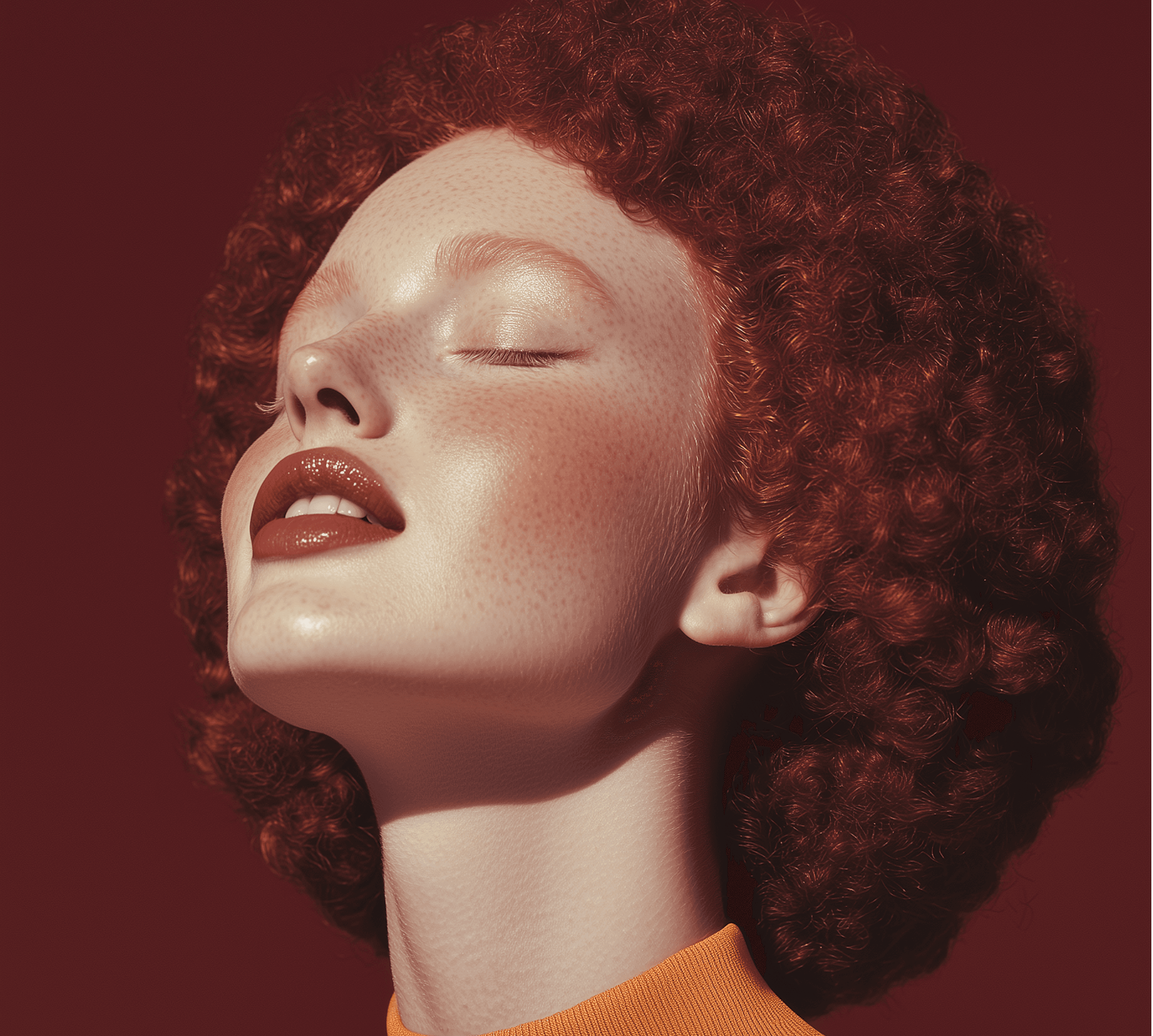 Redhead with freckles and closed eyes