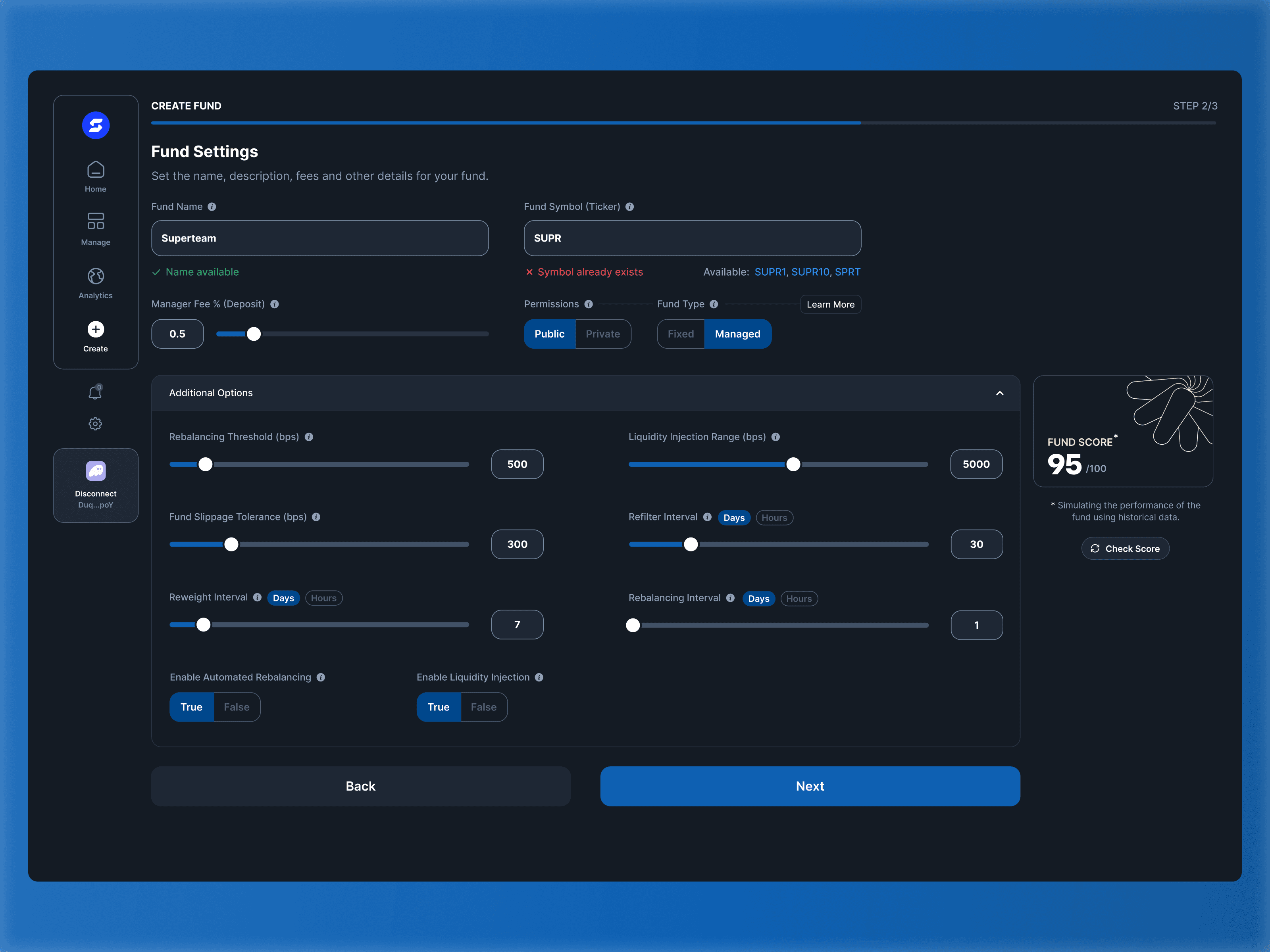 Trading bot settings dashboard with control sliders