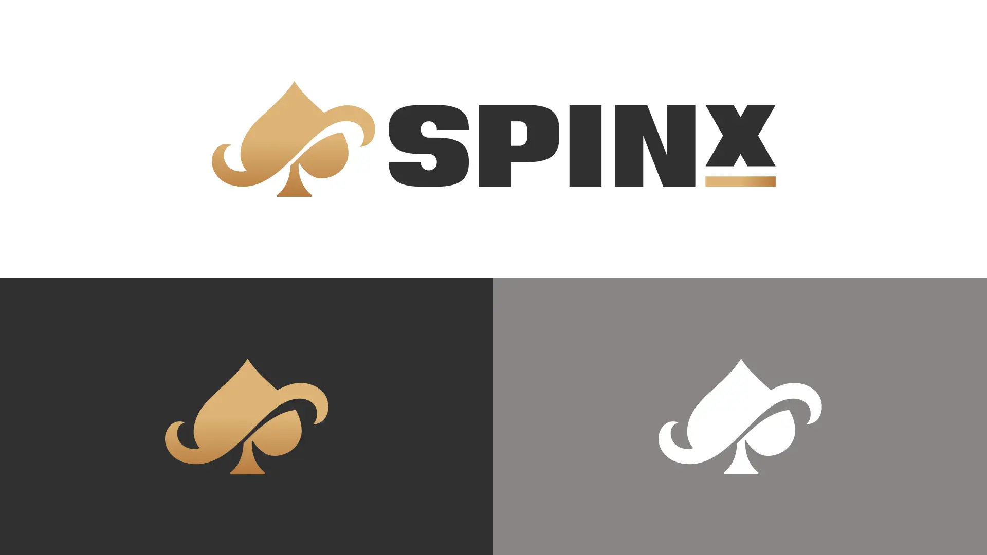 Logo of SpinX featuring a stylized lion in gold on a black background and in white on a gray background.
