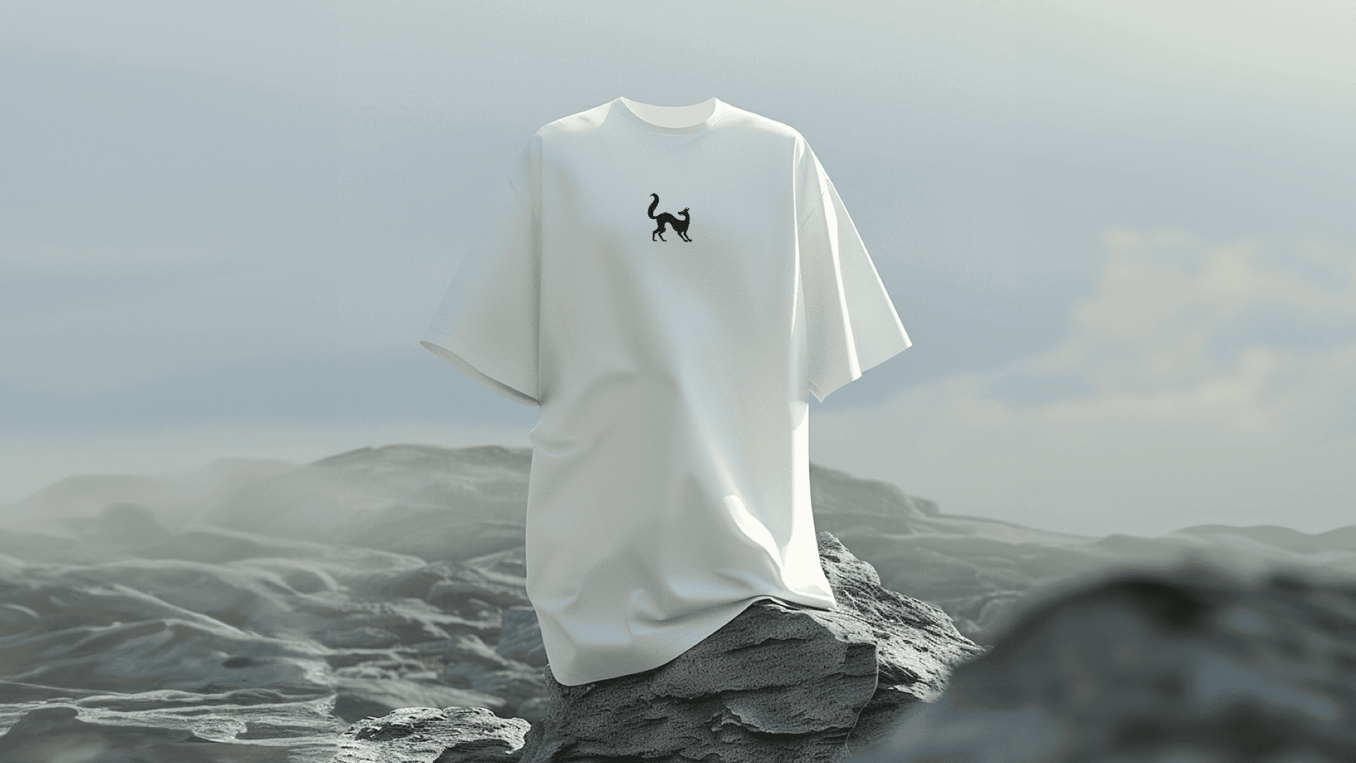 Une mise en scène saisissante qui fusionne le design du logo avec la maroquinerie. Le logo du fennec, subtilement brodé sur un t-shirt blanc, émerge avec élégance dans un paysage désertique, mettant en valeur le contraste entre le vêtement minimaliste et l’environnement sauvage. Cette image illustre parfaitement l’esprit de la marque, à la fois naturel et contemporain, tout en soulignant son esthétique épurée et son lien avec le monde animal.