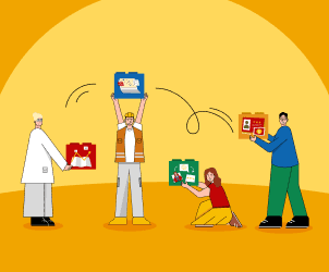 Illustration representing our agency services, showing a team delivering strategy, execution, and marketing support.