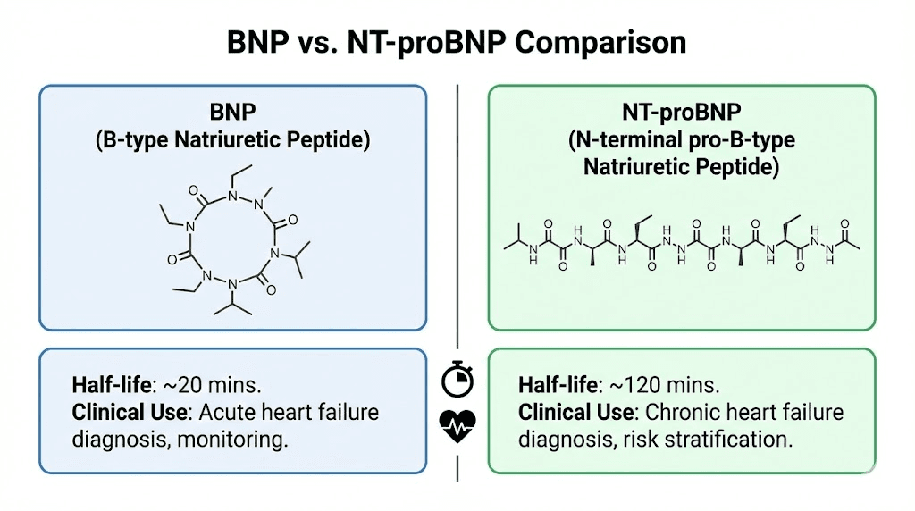 BNP versus NT-proBNP comparison chart showing differences in half-life and reference ranges