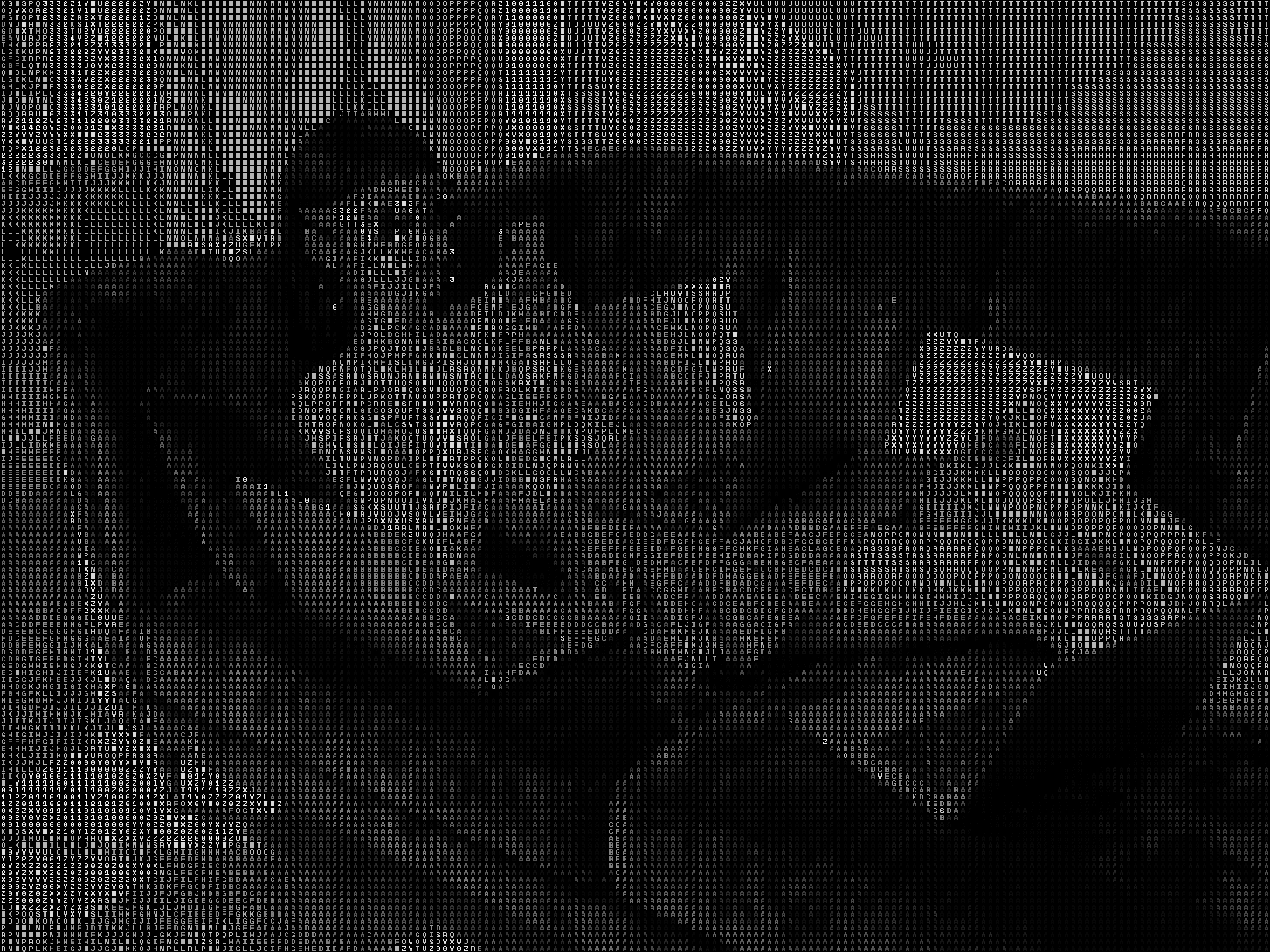 Black-and-white abstract image composed of dense alphanumeric characters forming layered shapes and textures.