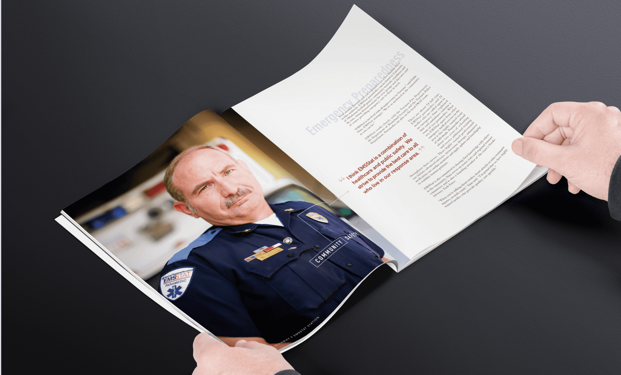 Pages of a book with a caucasian man in his 50s wearing a dark blue paramedic uniform and ambulance in the background